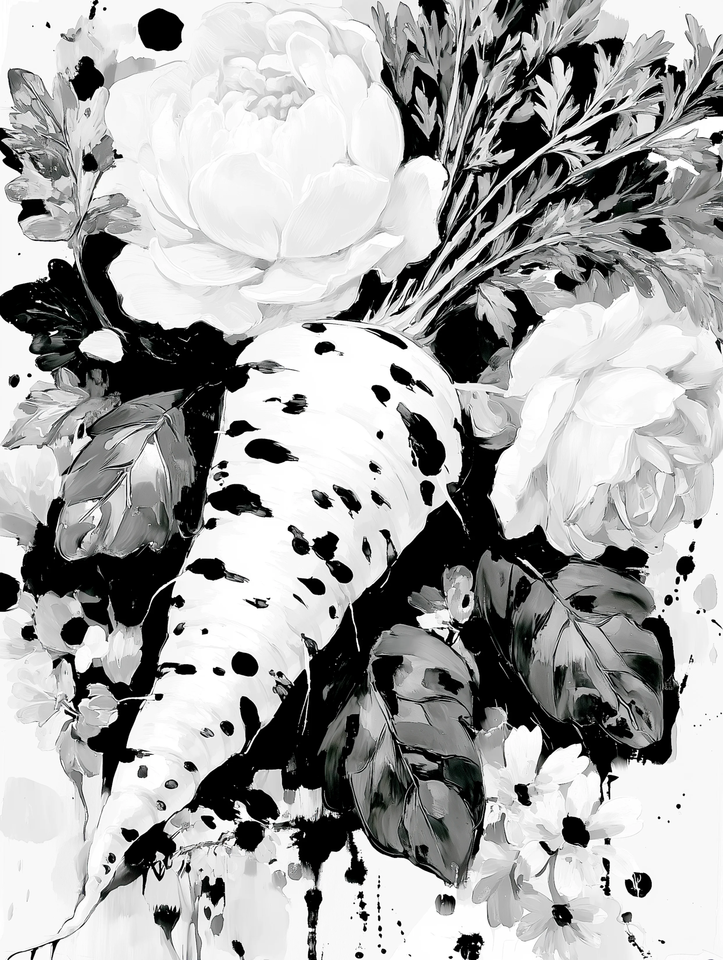 Free printable carrot coloring page for adults featuring diagonal carrot and flowers